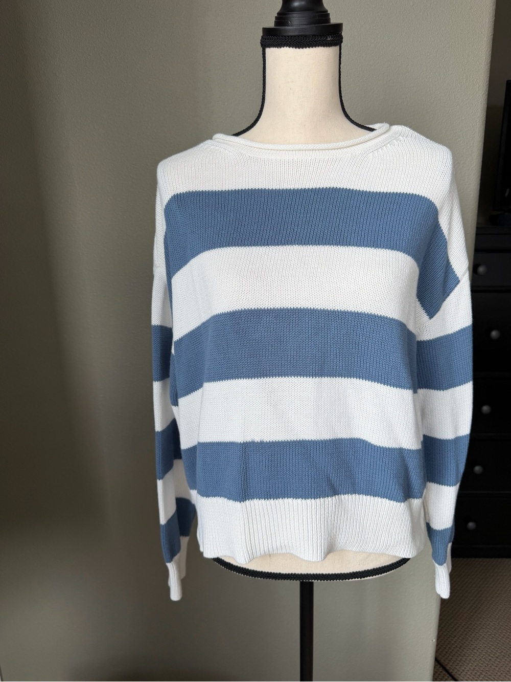 CeCe Blue and White Wide-Stripe Crewneck Sweater